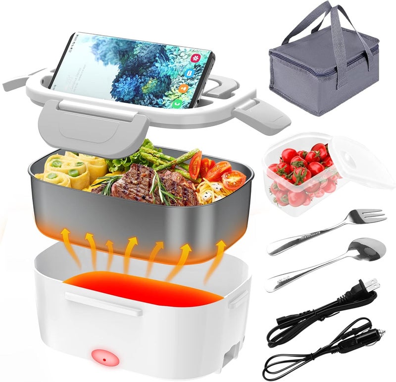 CHARMDOO Electric Lunch Box, Food Warmer Heater 12V 24V 110V, 80W Faster Heated Lunch Box for Car/Truck/Home Portable Heating Boxes with 1.5L 304 SS Container Fork & Spoon, White+Gray - Image 1